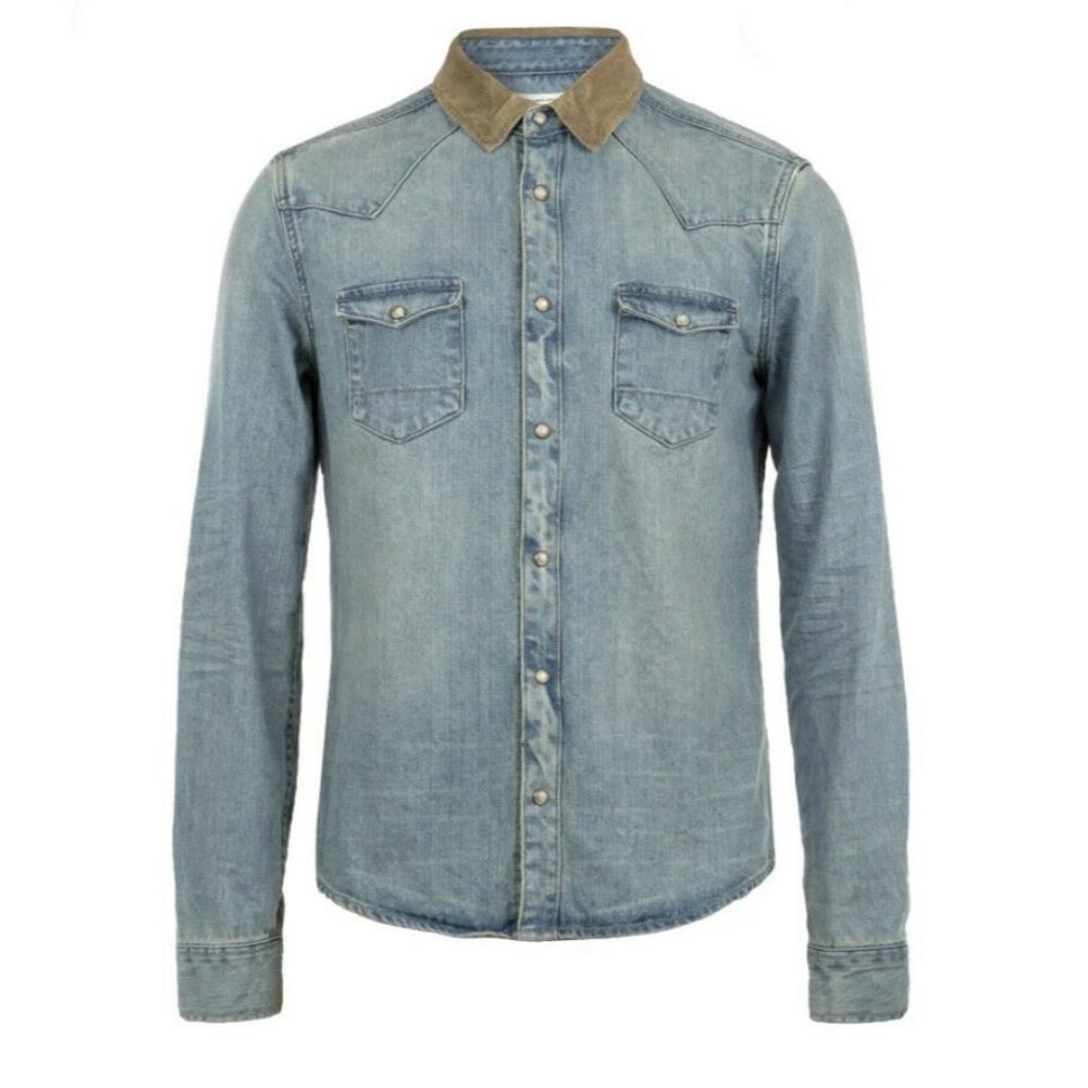 All Saints Men's Reed Regular Fit Blue Denim Shirt - Picture 2 of 10